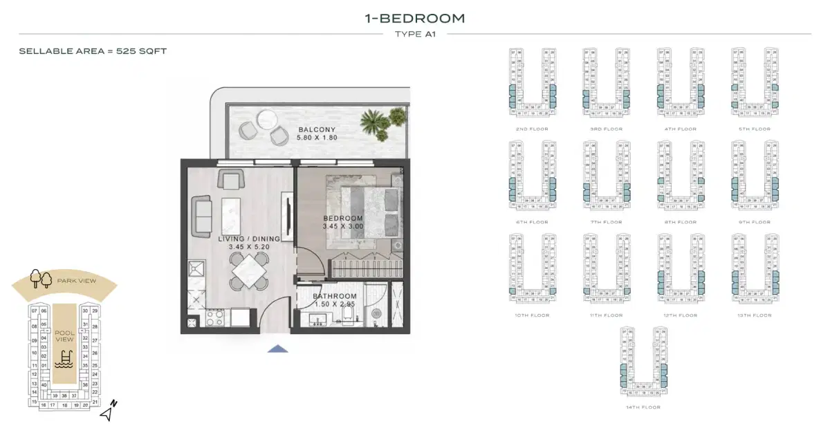 Damac Elo 3 Dubai 1 BR Floor Plan 525 Sq. Ft.