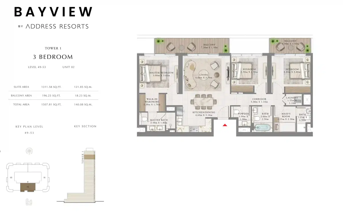 EMAAR Bayview by Address Resorts 3 Bedroom Apartments Floor Plan