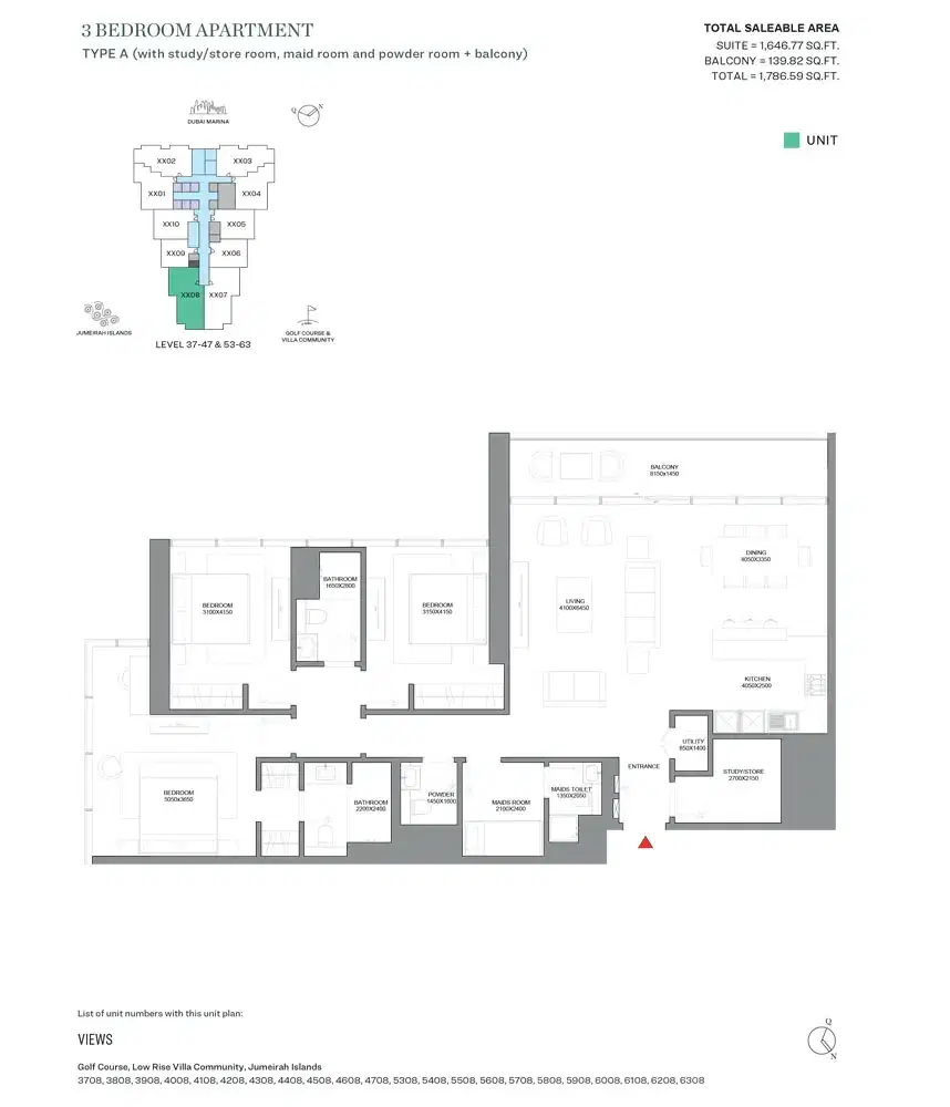 SOBHA Verde Dubai 3 BR Floor Plan 1,786 Sq. Ft.