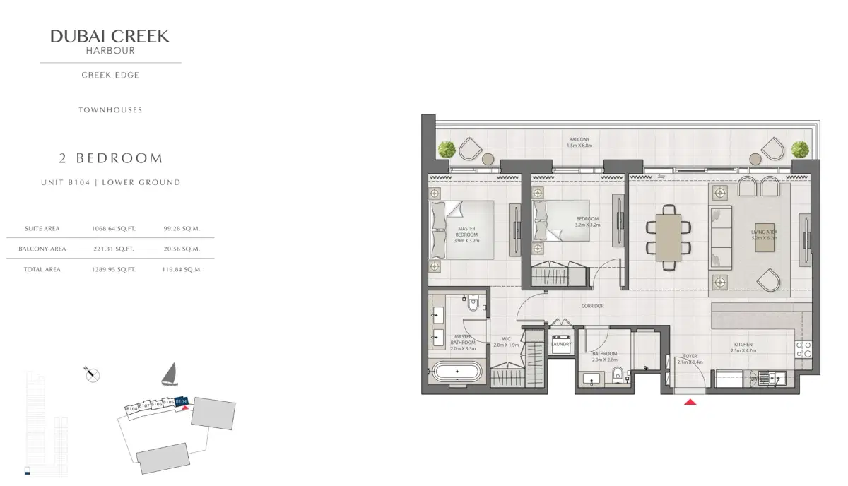 EMAAR Creek Edge Dubai 2 BR Floor Plan 1,289 Sq. Ft.