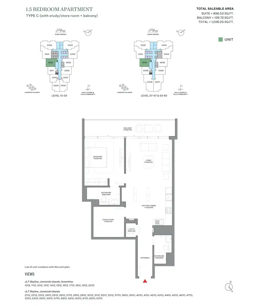 SOBHA Verde Dubai 1.5 BR Floor Plan 1,036 Sq. Ft.