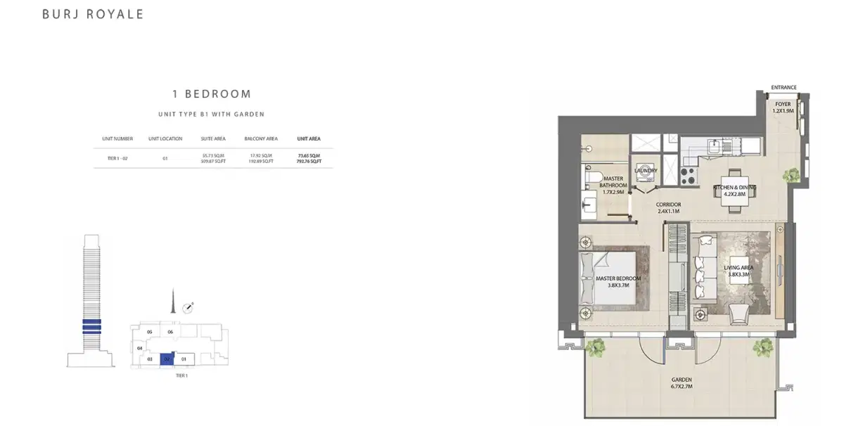 EMAAR Burj Royale Dubai 1 BR Floor Plan 792 Sq. ft.