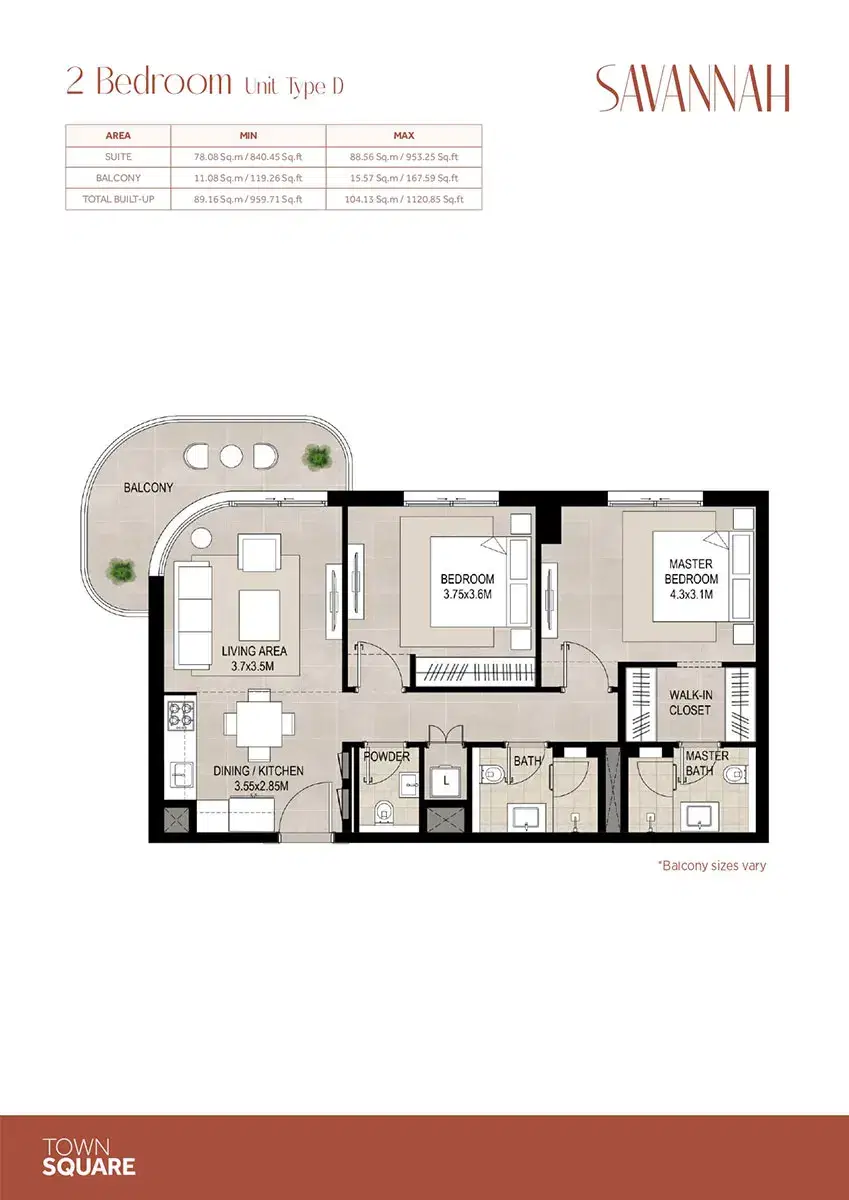 Nshama Savannah Dubai 2 BR Floor Plan 1,120 Sq. Ft.
