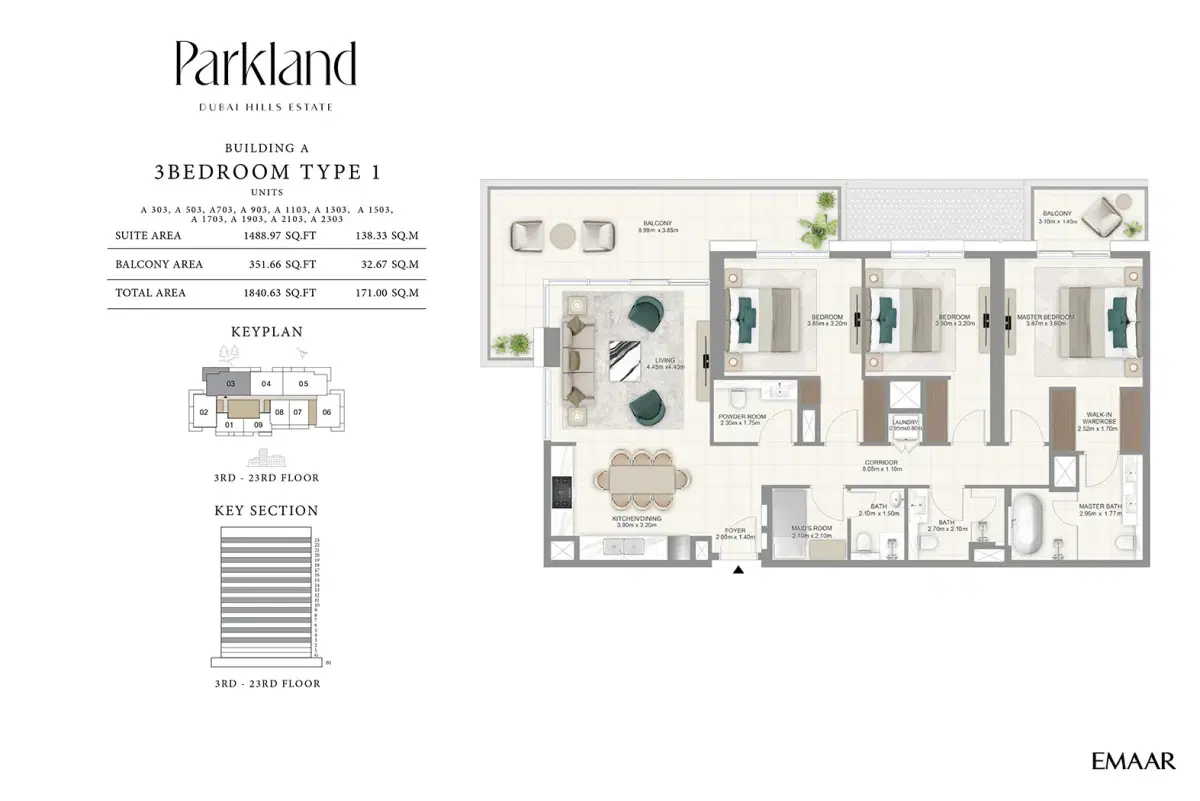 Emaar Parkland Dubai Hills Estate 3 BR Apartment Floor Plan