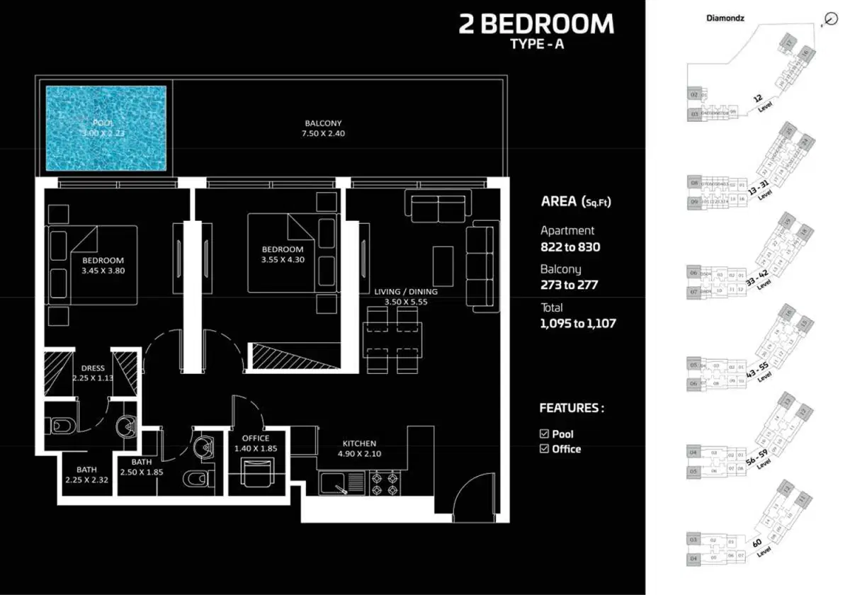 Danube Diamondz Jumeirah Lake Towers 2 Bedroom Apartments Floor Plan