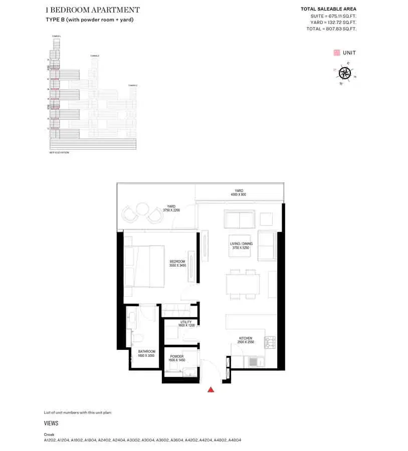 Sobha One & Sobha Hartland 2 Dubai 1 BR Floor Plan 807 Sq. Ft.