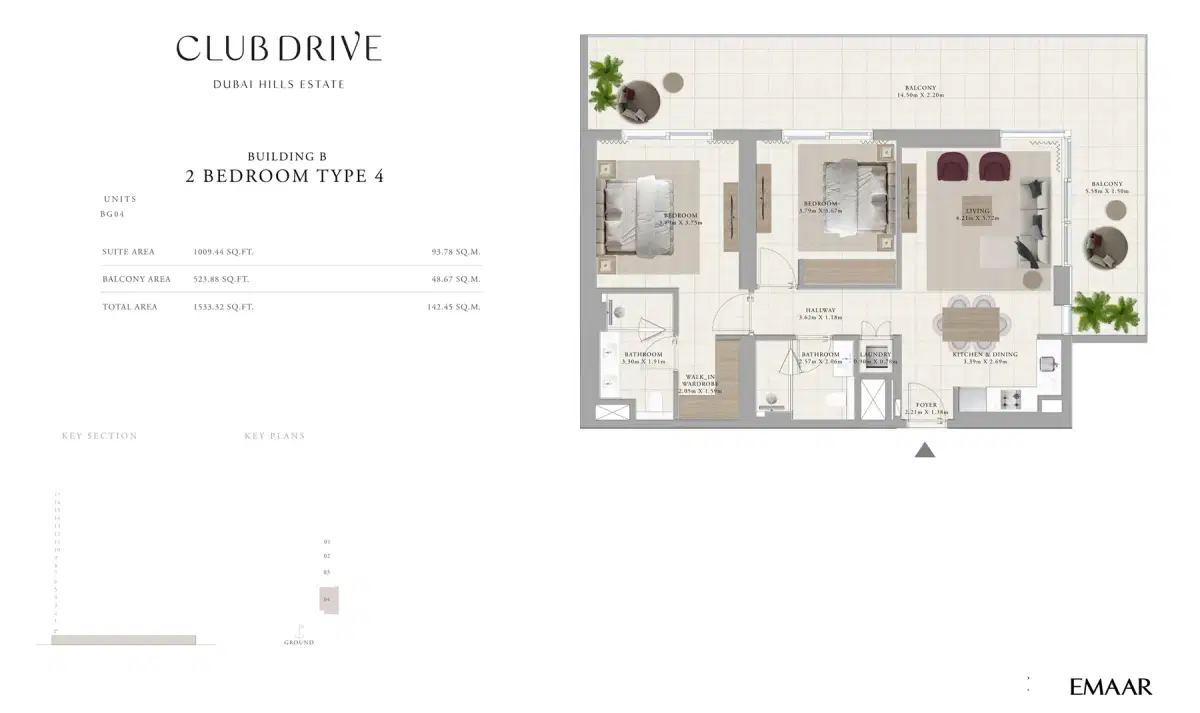 EMAAR Club Drive Dubai 2 BR Floor Plan 1,533 Sq. Ft.