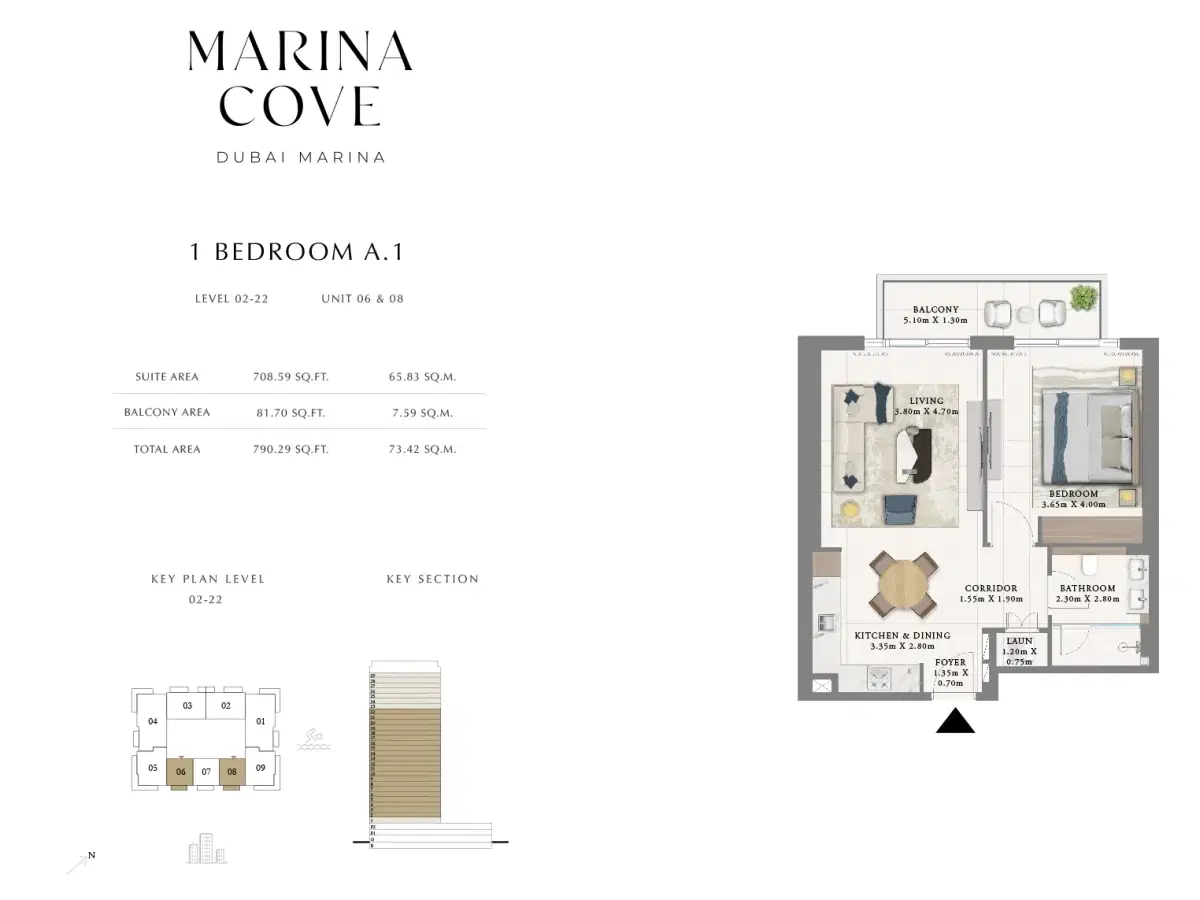Emaar Marina Cove Dubai 1 BR Floor Plan 790 Sq. Ft.