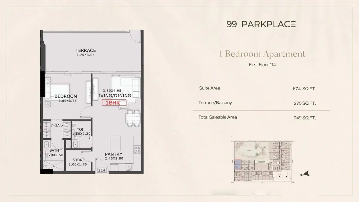 99 Park Place Dubai 1 BR Floor Plan 949 Sq. Ft.