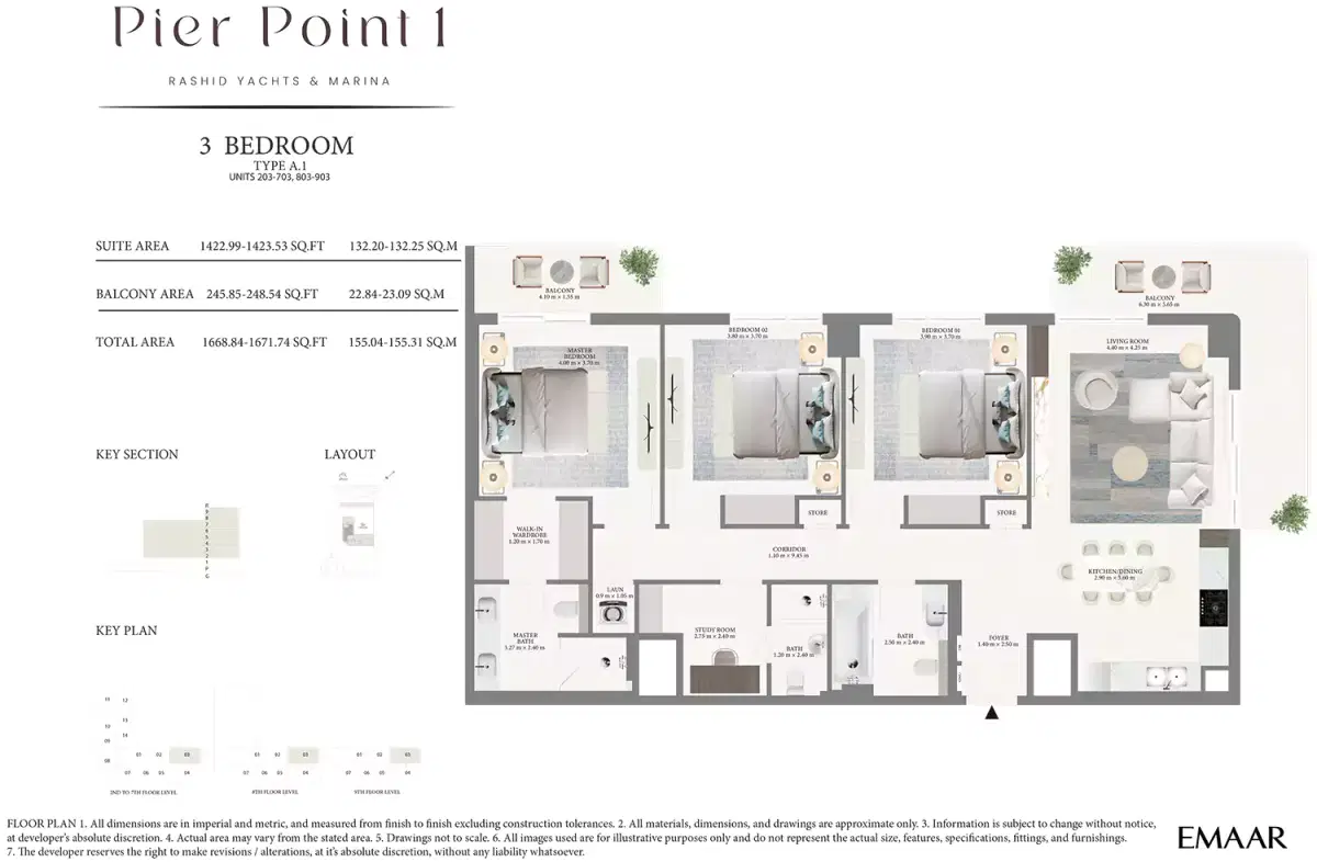 Emaar Pier Point At Rashid Yachts And Marina 3 Bedroom Apartments Floor Plan