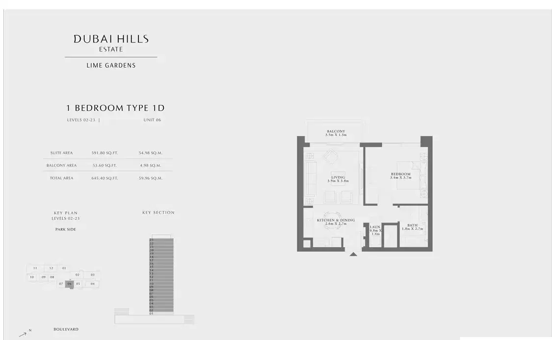 EMAAR Lime Gardens Dubai 1 BR Floor Plan 645 Sq. Ft.