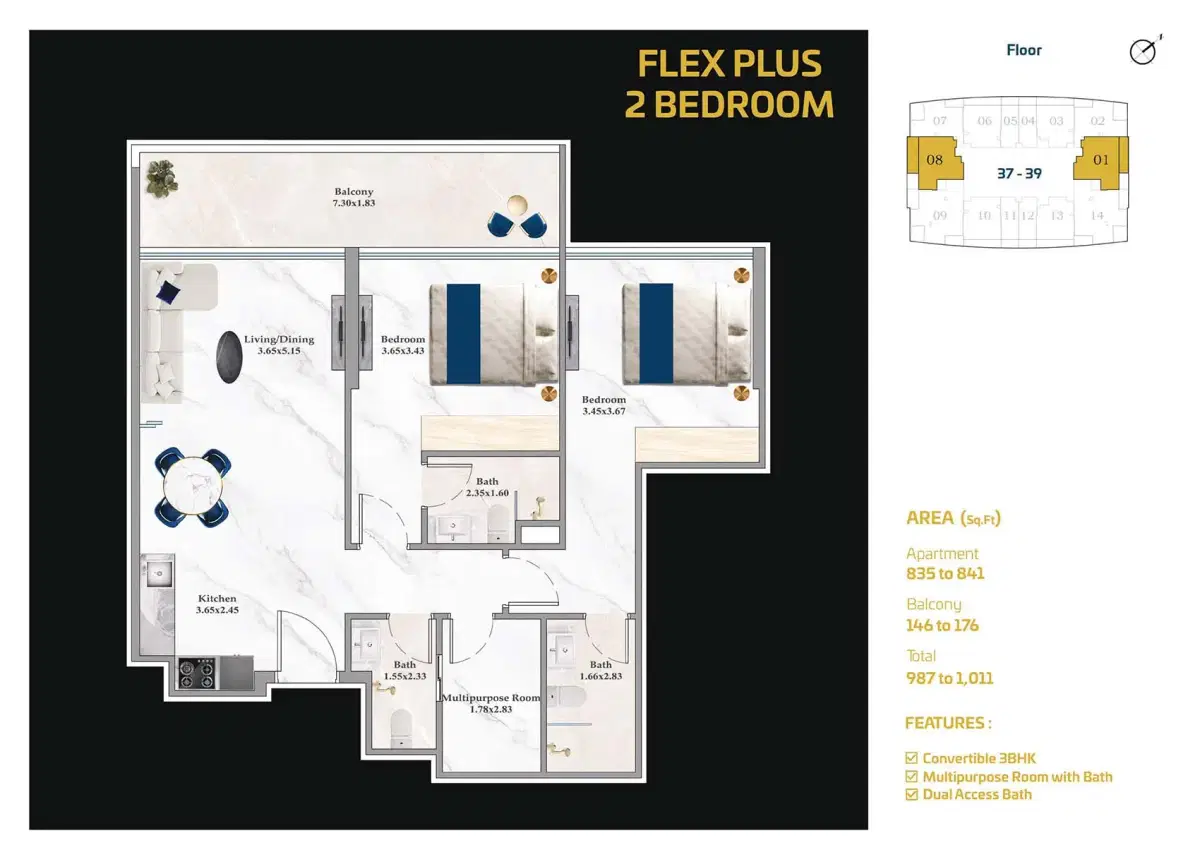 Aspirz at Dubai Sports City 2 BR Floor Plan 1011 Sq. Ft.