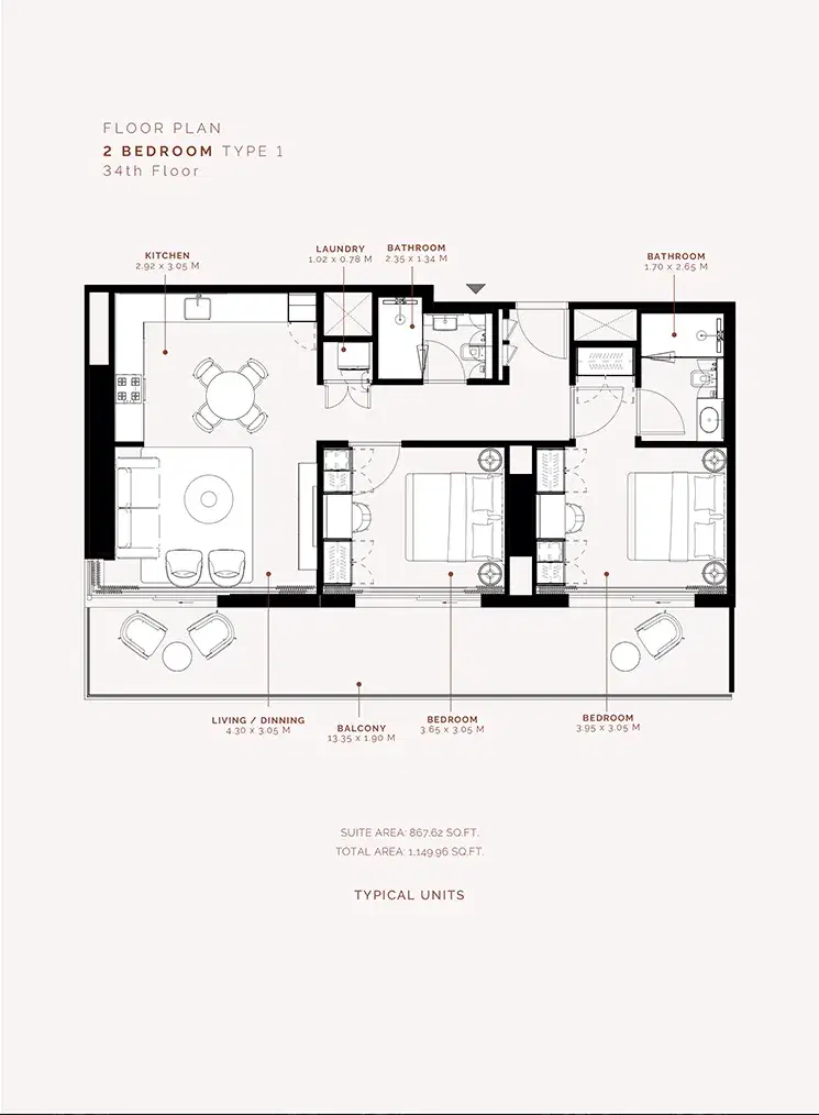 Milan Heights Azizi at City of Arabia 2 BR Floor Plan 1,149 Sq. Ft.