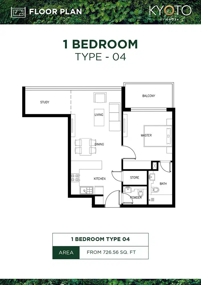 Kyoto by ORO24 at Arjan Dubai 1 BR Floor Plan 726 Sq. Ft.