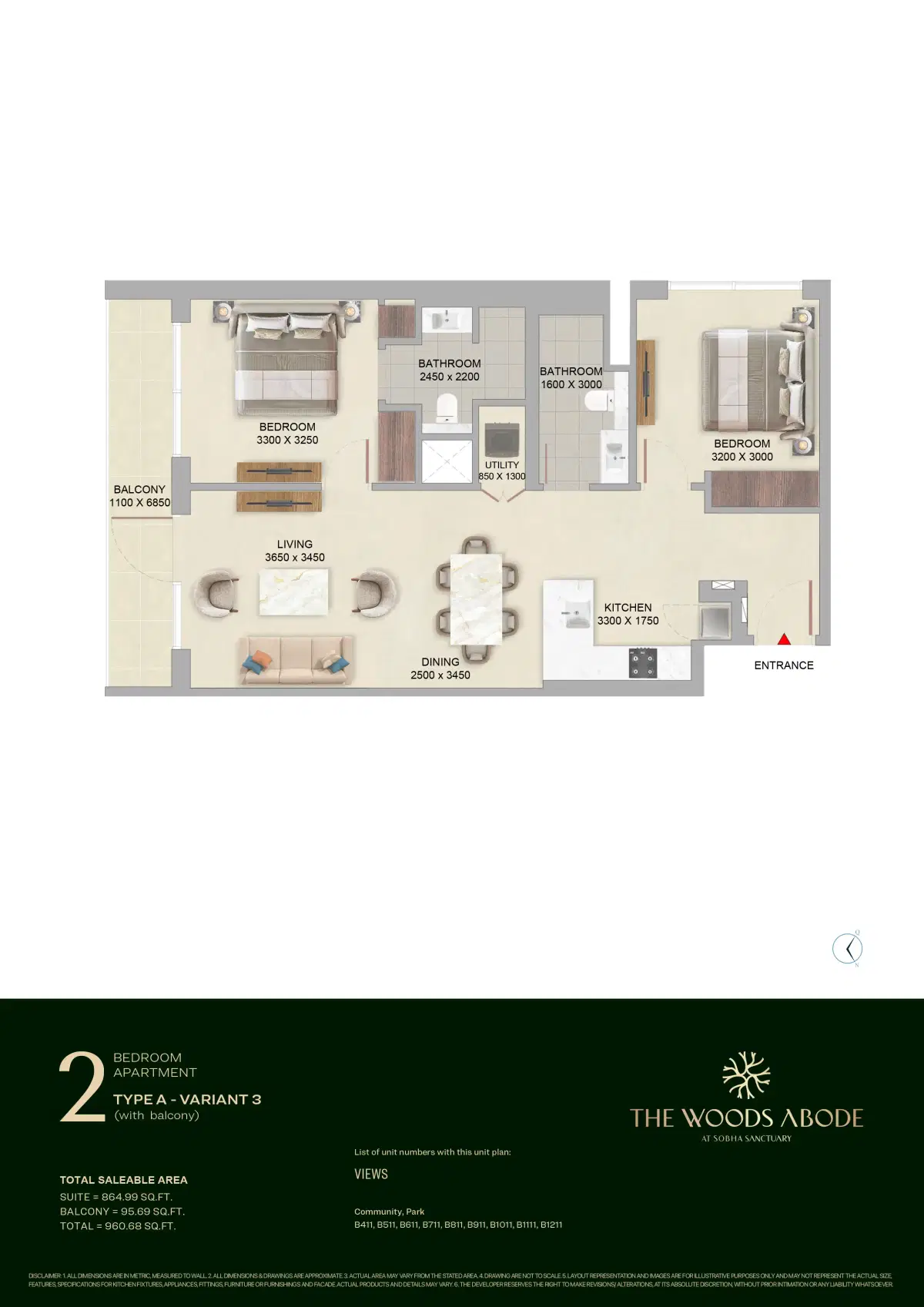 The Woods Abode 2 BR Floor Plan 960 Sq.Ft.