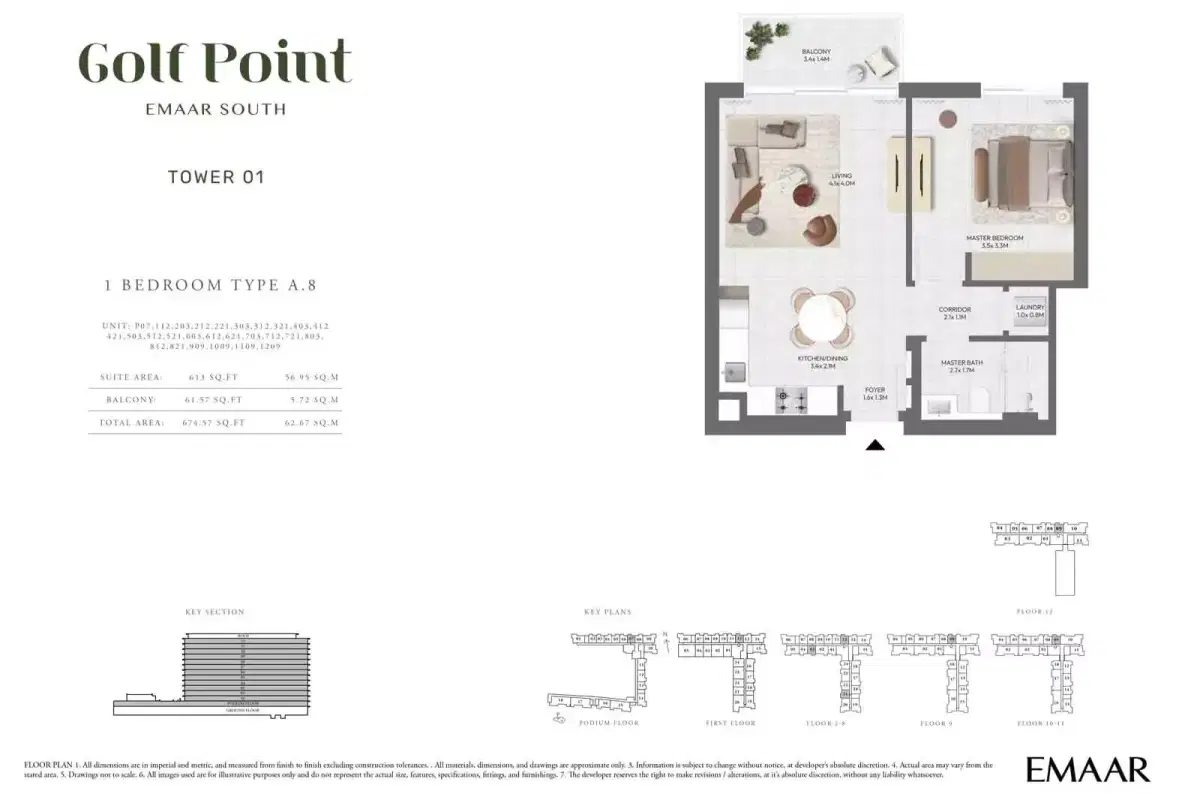 Emaar Golf Point Dubai 1 BR Floor Plan 675 Sq. Ft.