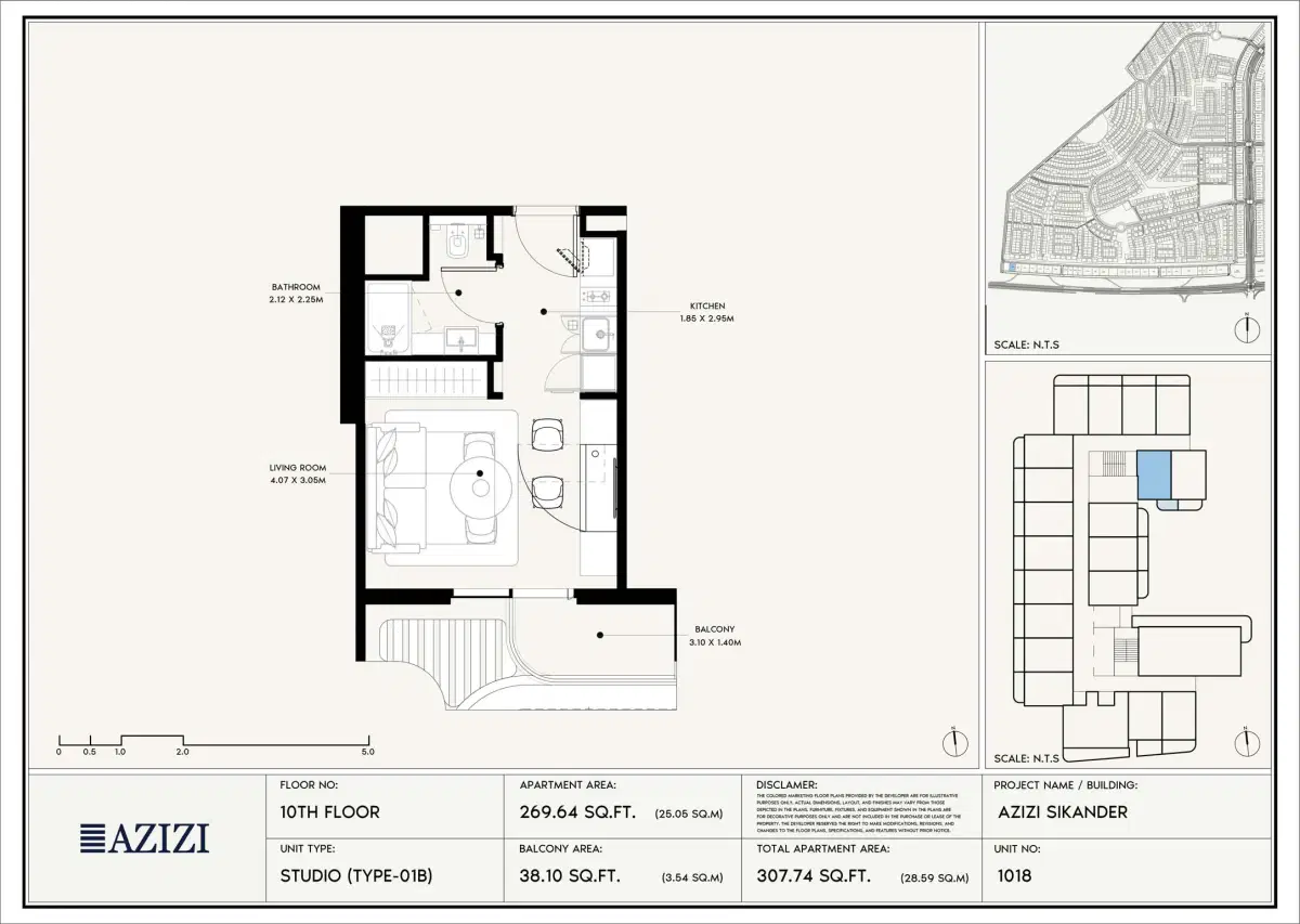  Azizi Sikander at Al Furjan Dubai Studios Floor Plan 307 Sq. Ft.