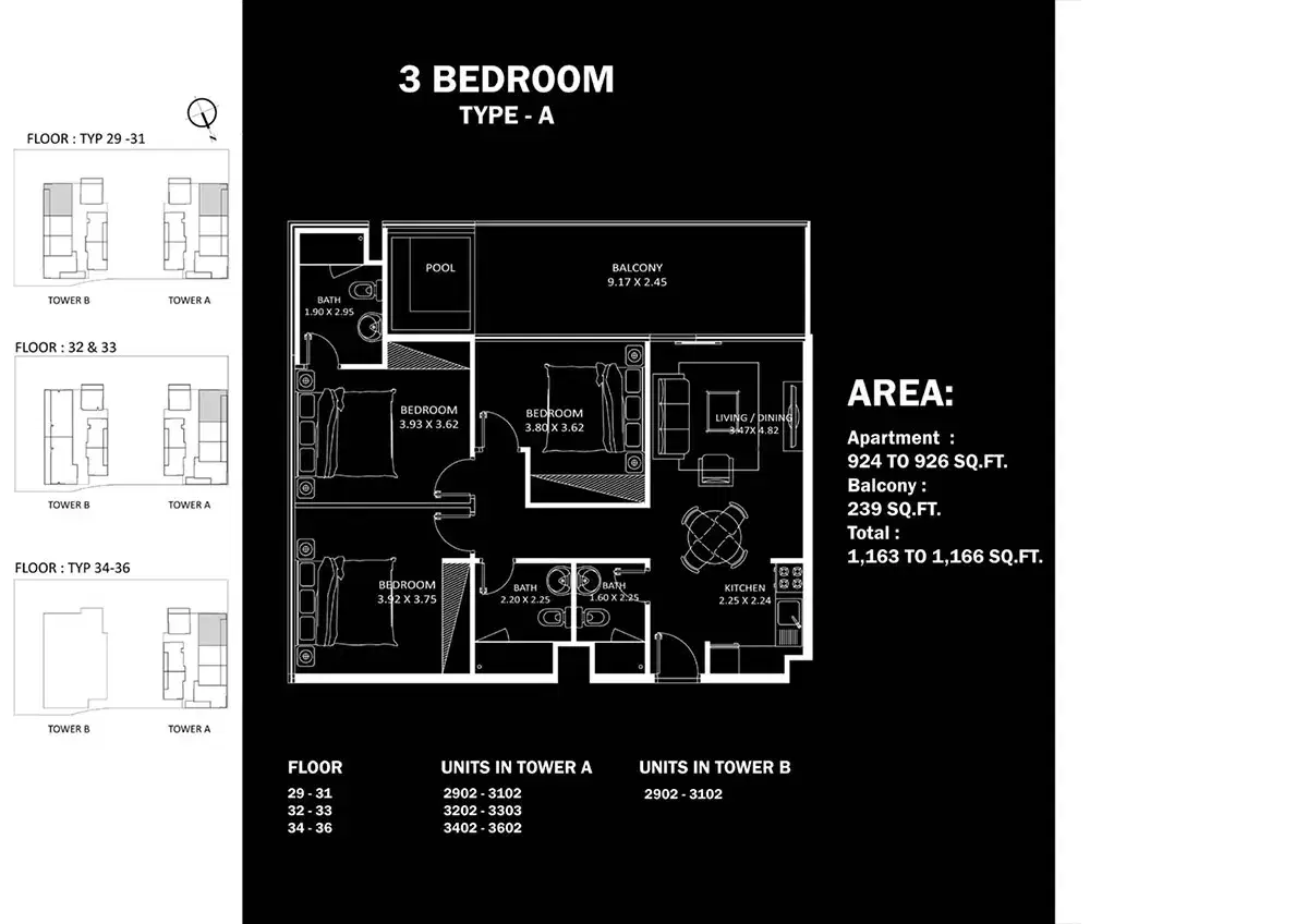 Danube Elitz Dubai 3 BR Floor Plan 1,166 Sq. Ft.