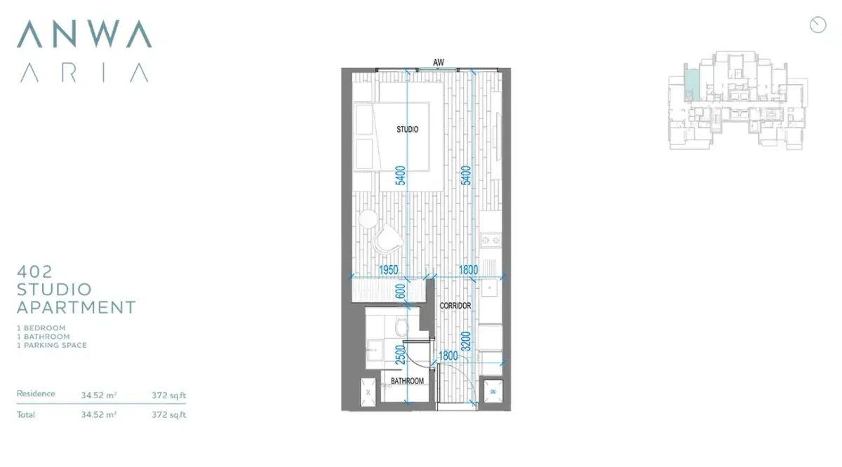 Anwa Aria Dubai Studios Floor Plan 372 Sq. Ft.