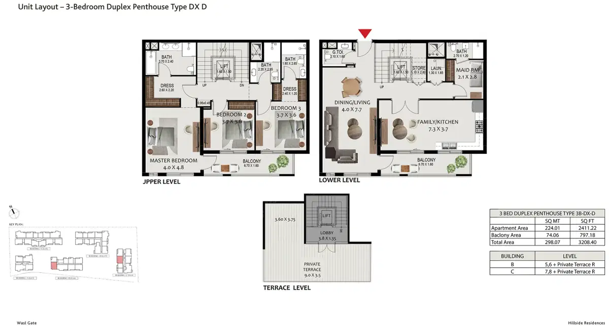 Hillside Residences 3 at Wasl Gate 3 BR Penthouse Floor Plan