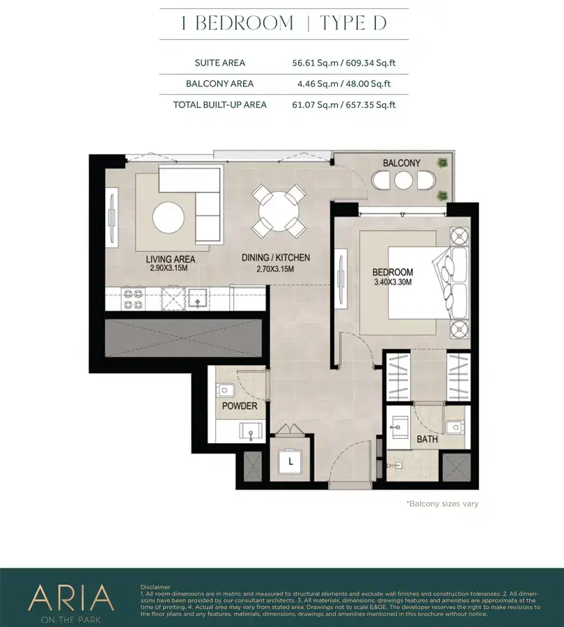 NSHAMA Aria Dubai 1 BR Floor Plan 657 Sq. Ft.
