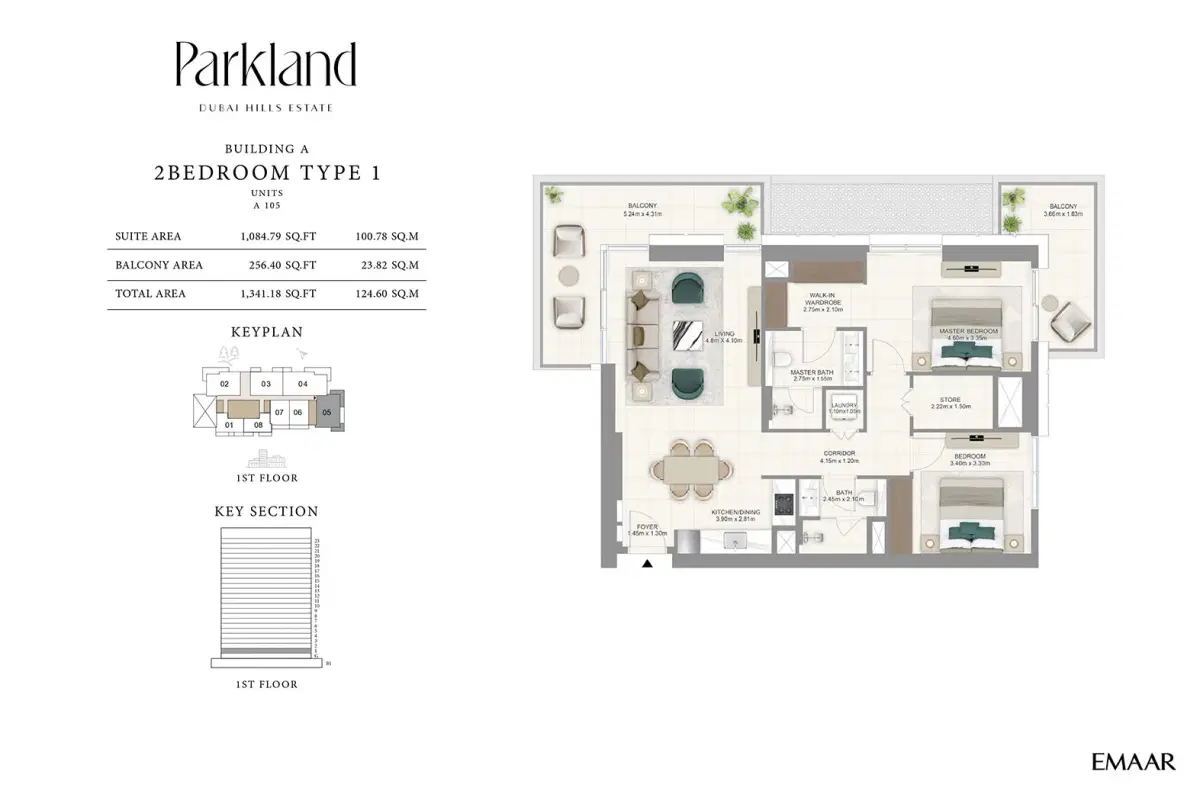 Emaar Parkland Dubai Hills Estate 2 BR Apartment Floor Plan