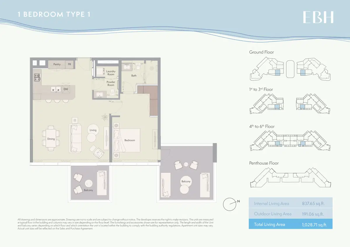Ellington Beach House 1 BR Apartment Floor Plan