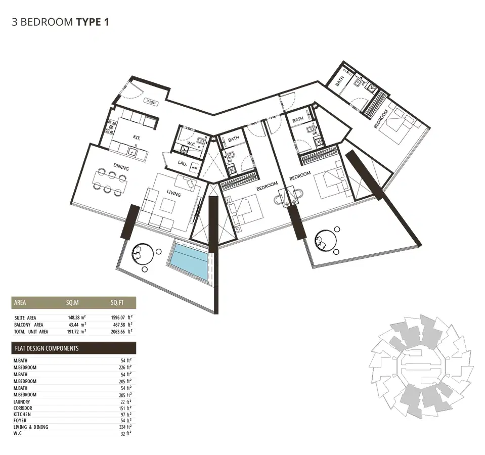 Binghatti Grove Jvc 3 BR Apartment Floor Plan