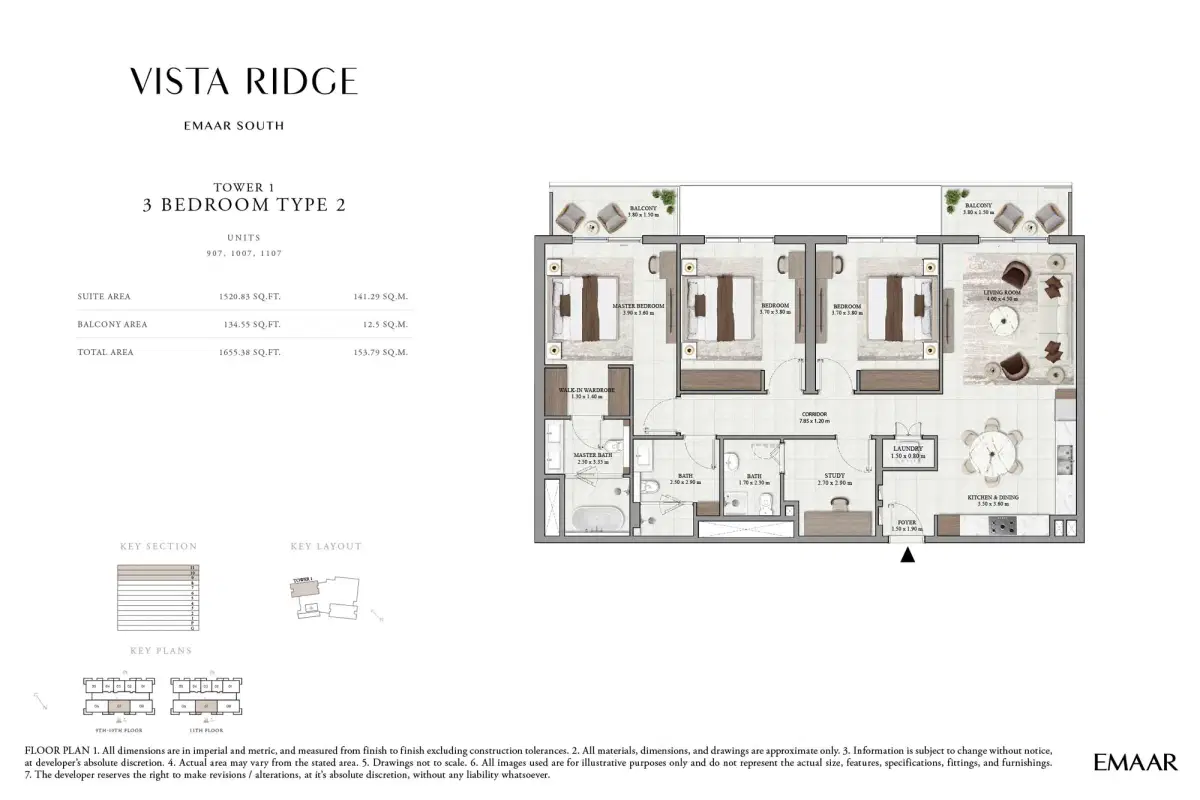 Emaar Vista Ridge at Emaar South 3 BR Floor Plan 1,655 Sq. Ft.