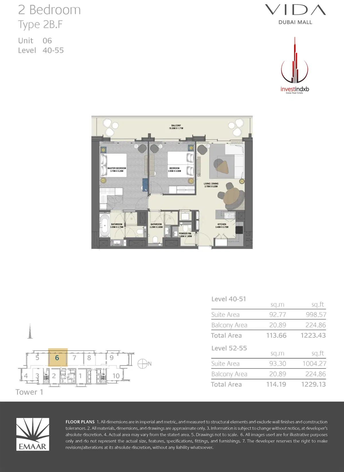 EMAAR Vida Dubai Mall Residences 2 BR Floor Plan 1,229 Sq. Ft.