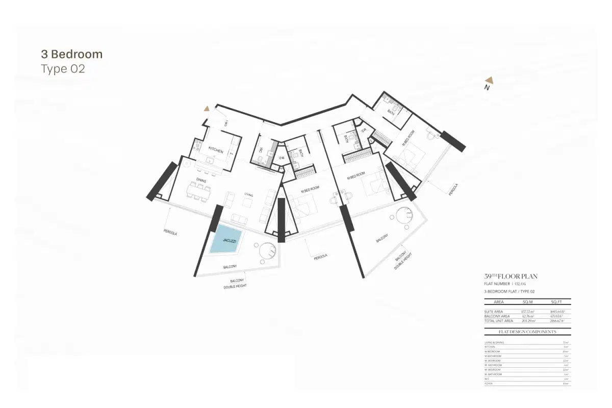 Binghatti Royale Dubai 3 BR Floor Plan 2166 Sq.Ft