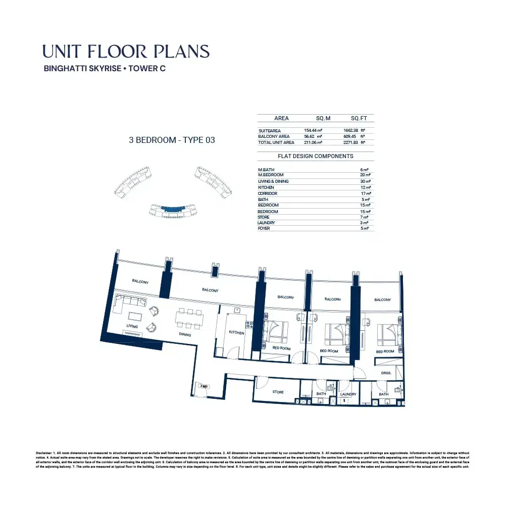 Binghatti Skyrise 3 BR Floor Plan 2,271 Sq. Ft.