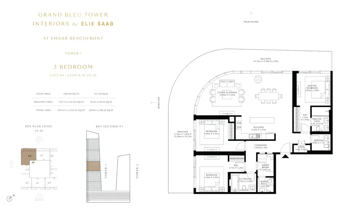 EMAAR Grand Bleu Tower Dubai 3 BR Floor Plan 2,454 Sq. Ft.