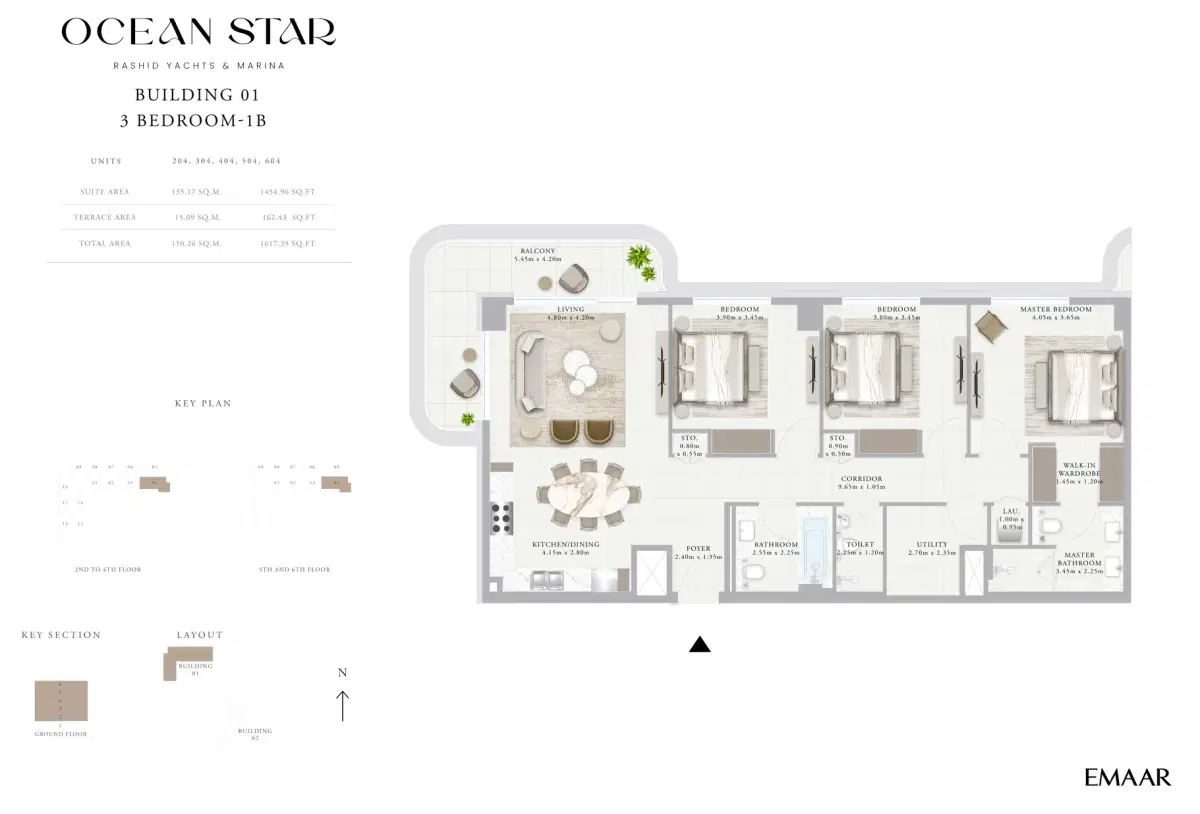 Emaar Ocean Star Dubai 3 BR Floor Plan 1,617 Sq. Ft.