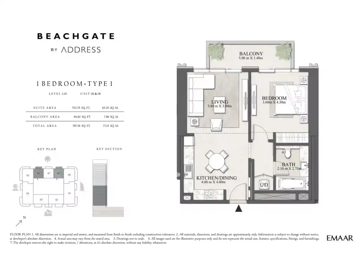 Emaar Beachgate By Address 1 Bedroom Apartments Floor Plan
