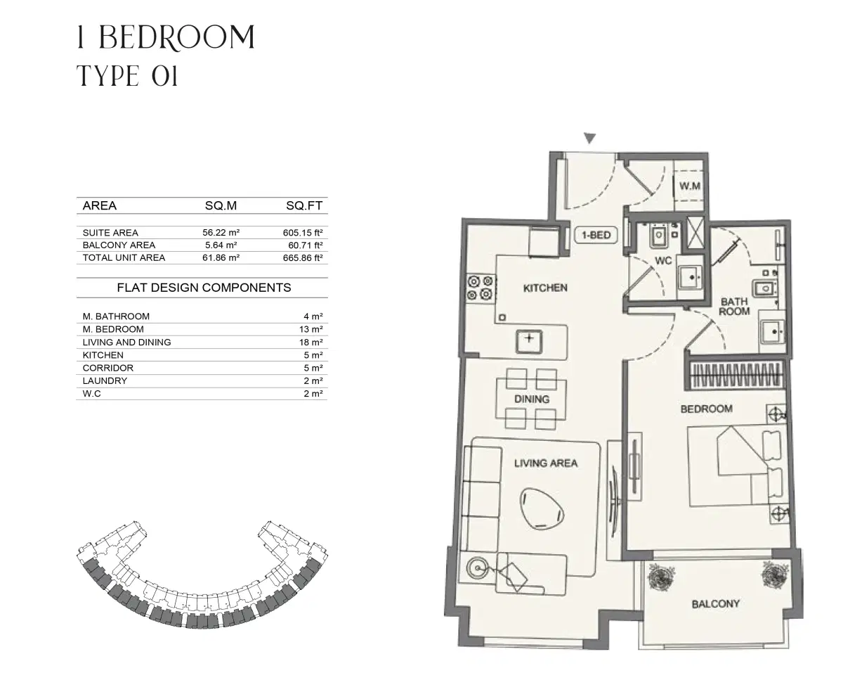 Binghatti Wraith at Al Jaddaf 1 BR Floor Plan 665 Sq. Ft.