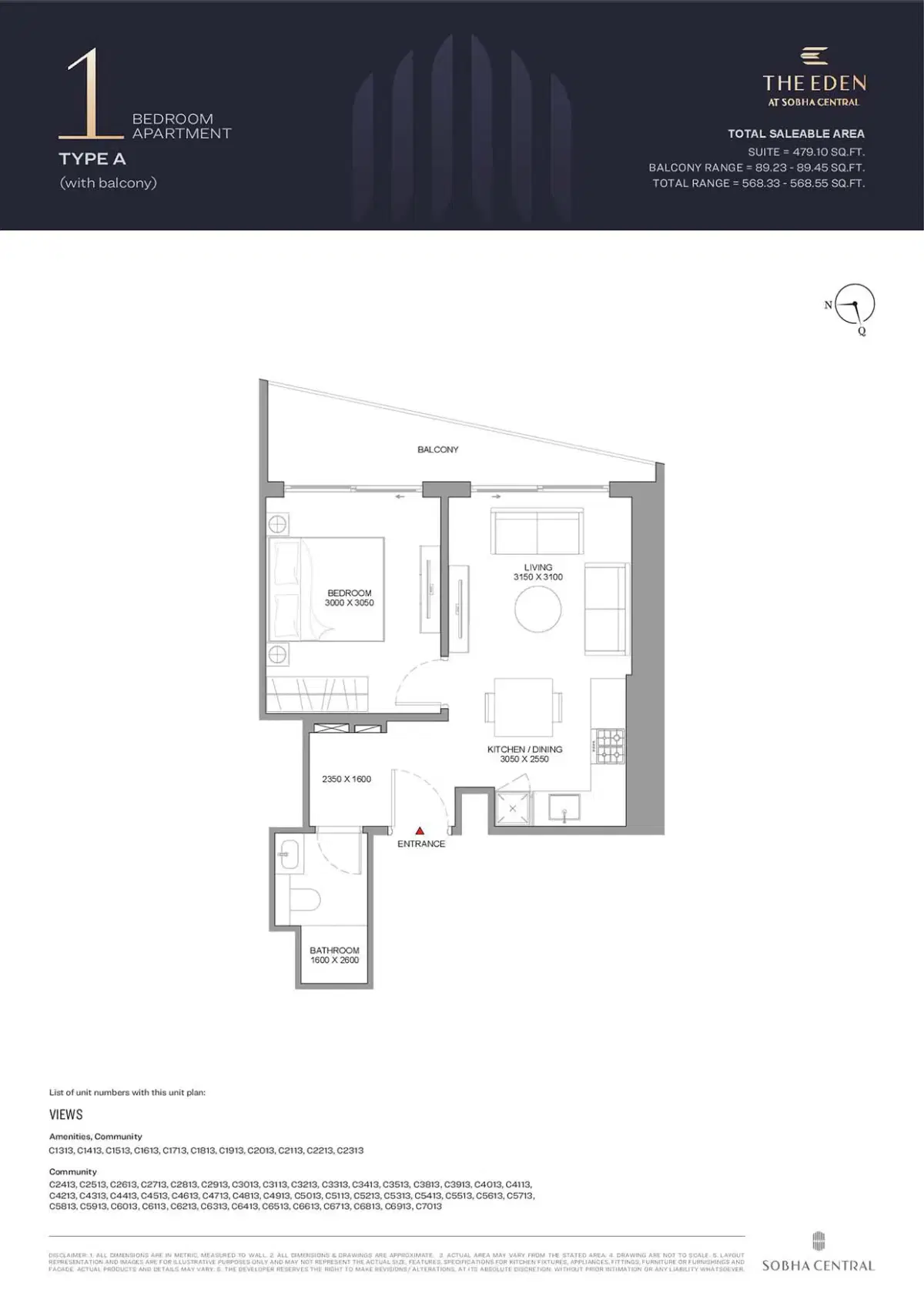 The Eden at Sobha Central 1 BR Floor Plan 568 Sq. Ft.
