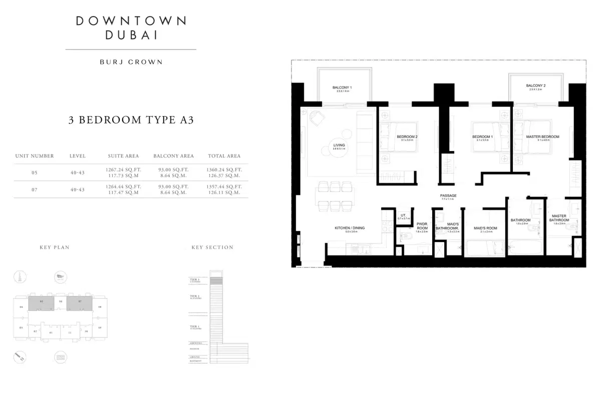 EMAAR Burj Crown Dubai 3 BR Floor Plan 1,360 Sq. Ft.