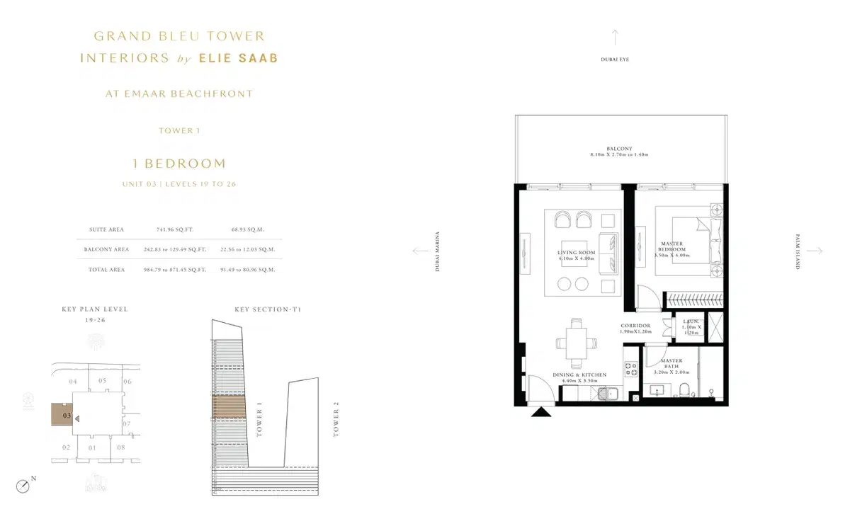 EMAAR Grand Bleu Tower Dubai 1 BR Floor Plan 984 Sq. Ft.