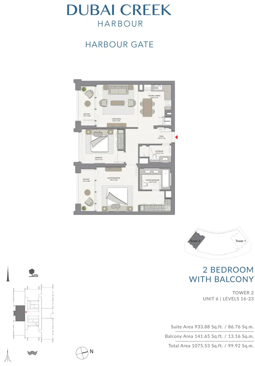EMAAR Harbour Gate Dubai 2 BR Floor Plan 1,075 Sq. Ft.