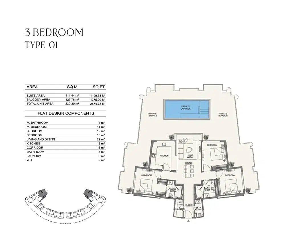 Binghatti Wraith at Al Jaddaf 3 BR Royal Suite Floor Plan 2,574 Sq. Ft.
