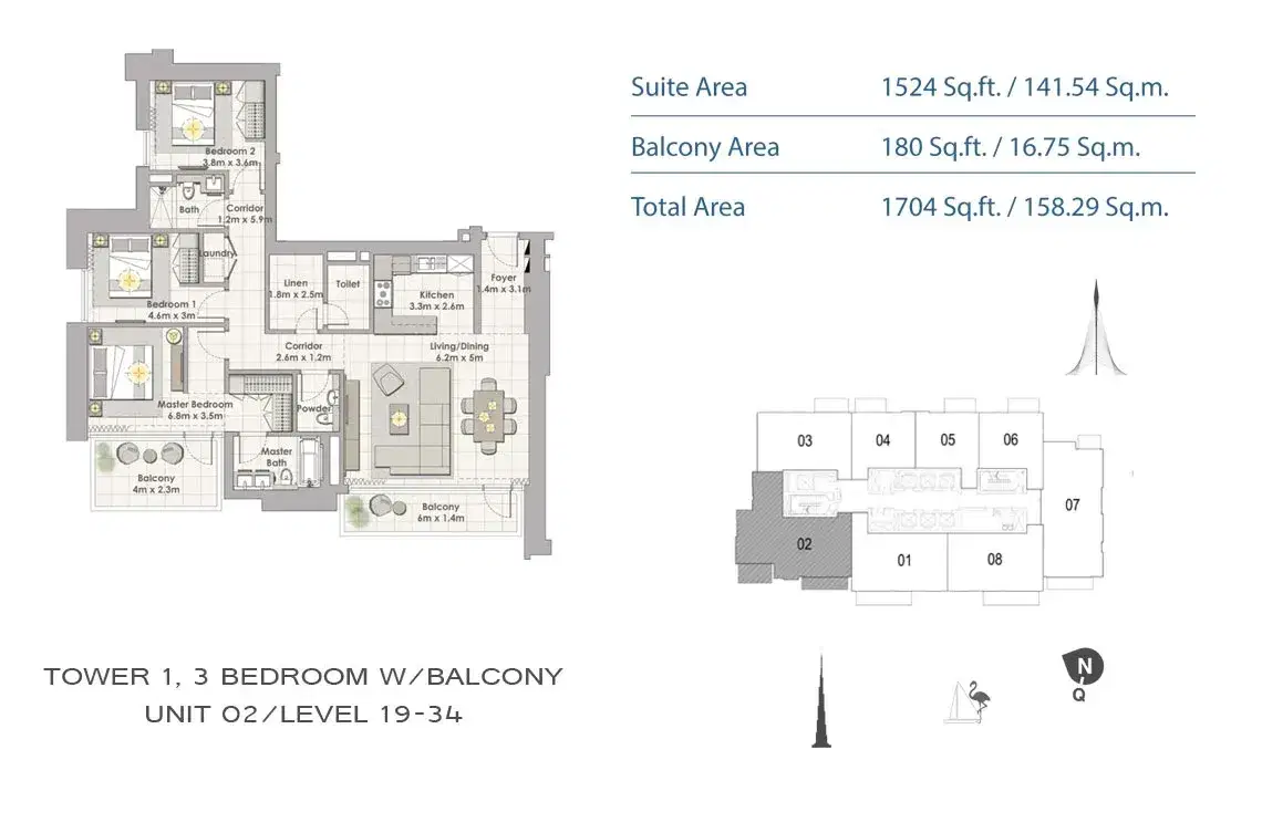 EMAAR Creek Horizon Dubai 3 BR Floor Plan 1,704 Sq. Ft.