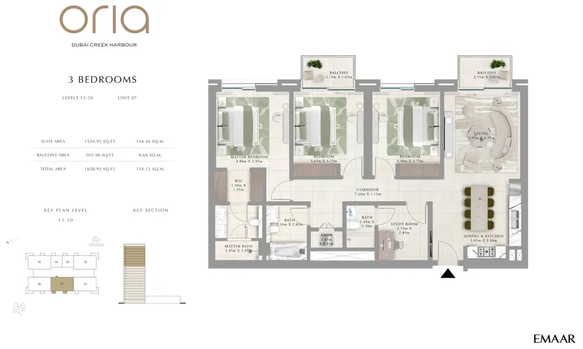 EMAAR Oria Dubai 3 BR Floor Plan 1,659 Sq. Ft.