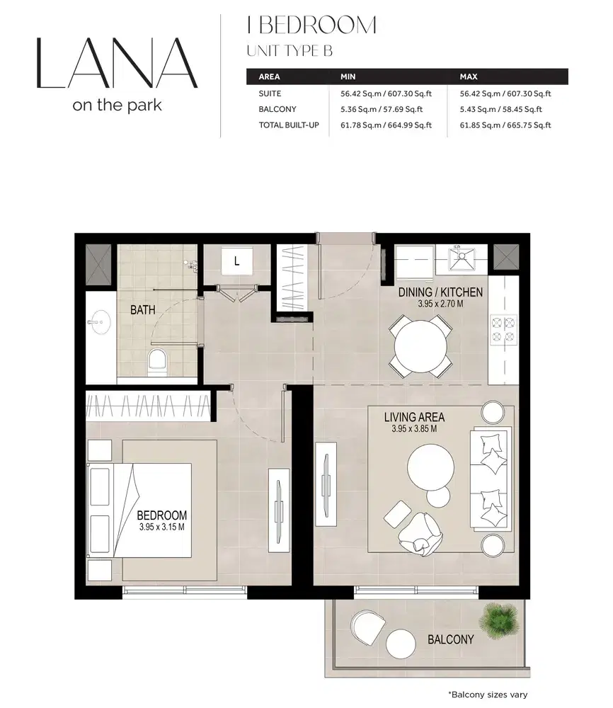 Nshama Lana On The Park Dubai 1 BR Floor Plan 666 Sq. Ft.