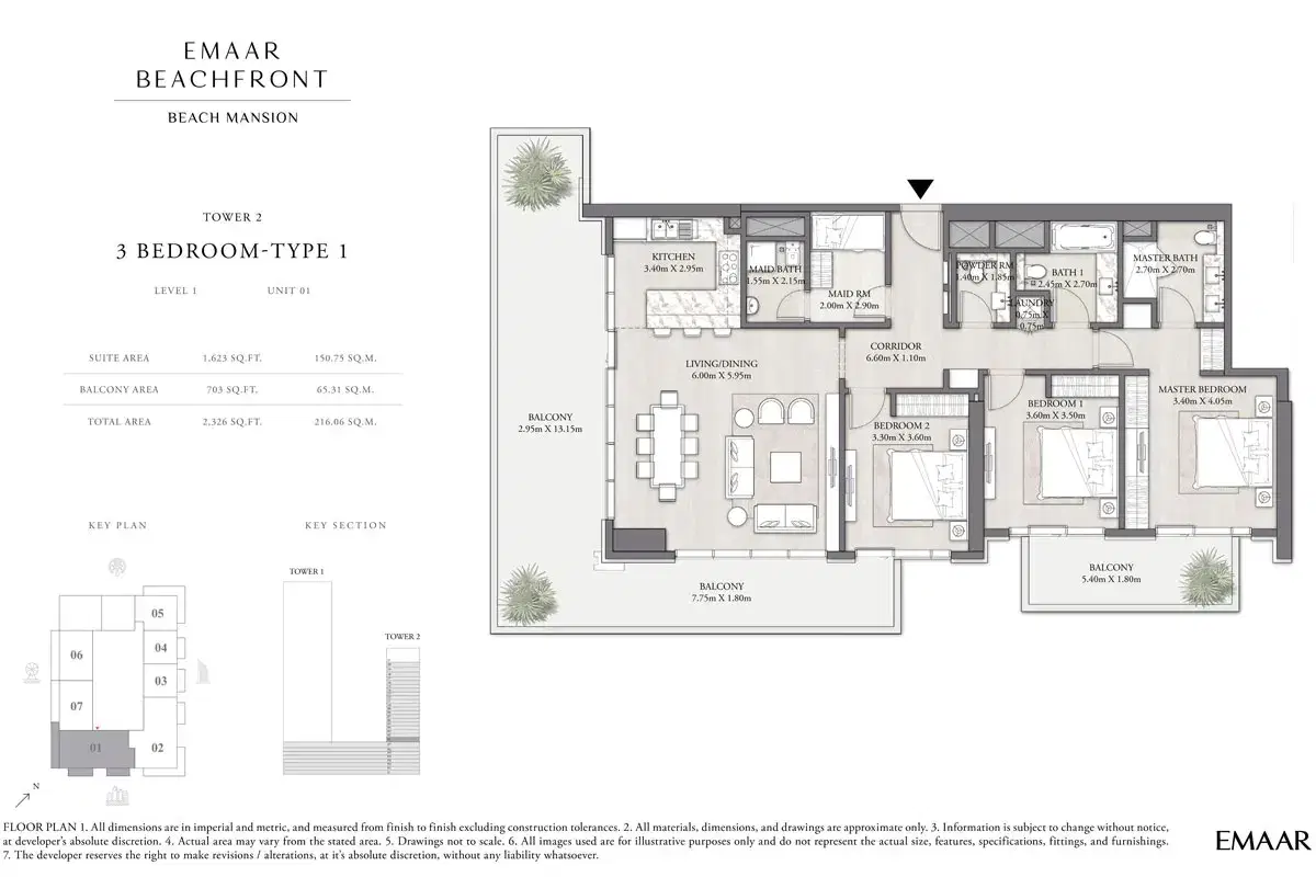EMAAR Beach Mansion Dubai 3 BR Floor Plan 2,326 Sq. Ft.