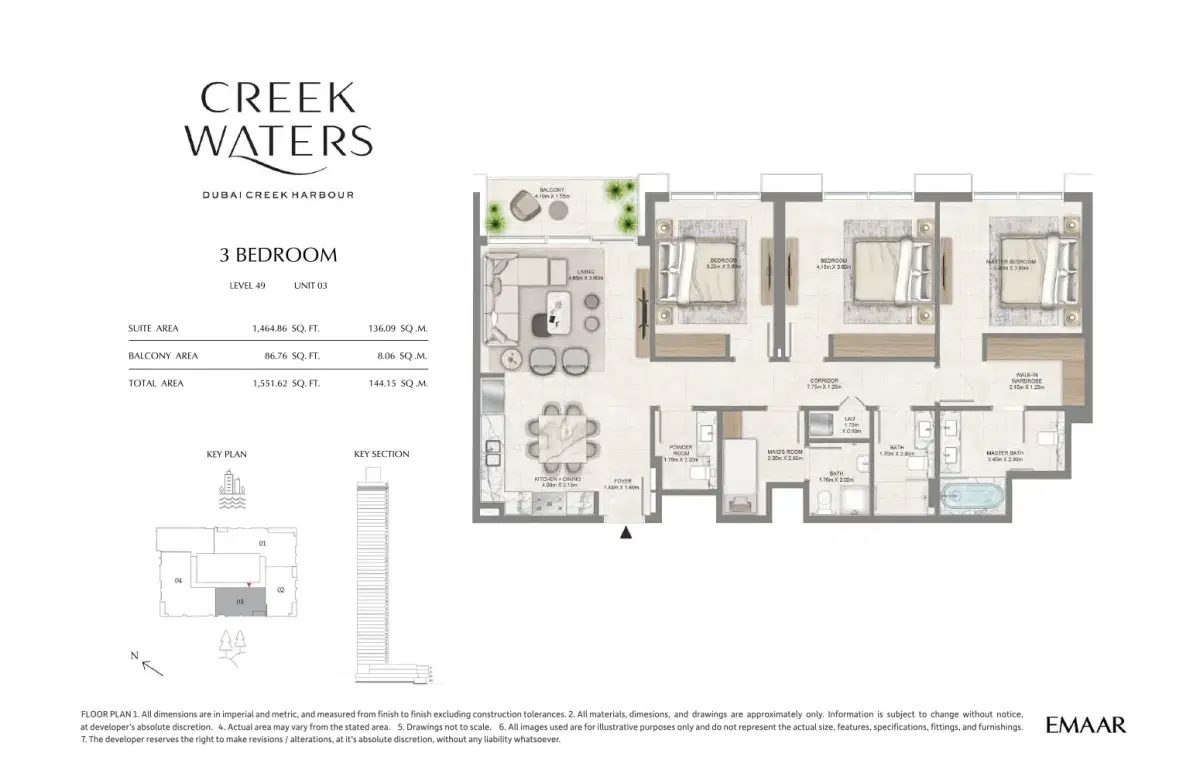 Emaar Creek Waters 3 BR Apartment Floor Plan