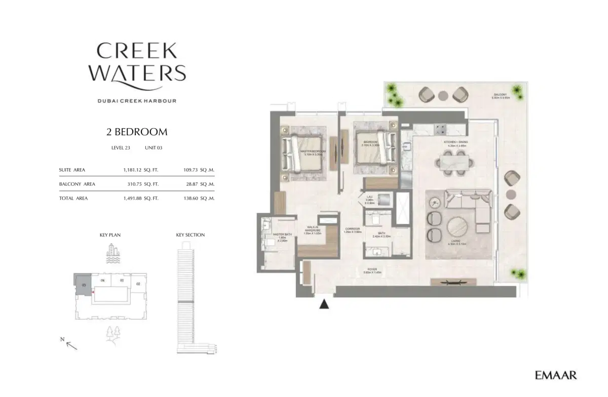 EMAAR Creek Waters 2 BR Floor Plan 1,491 Sq. Ft.
