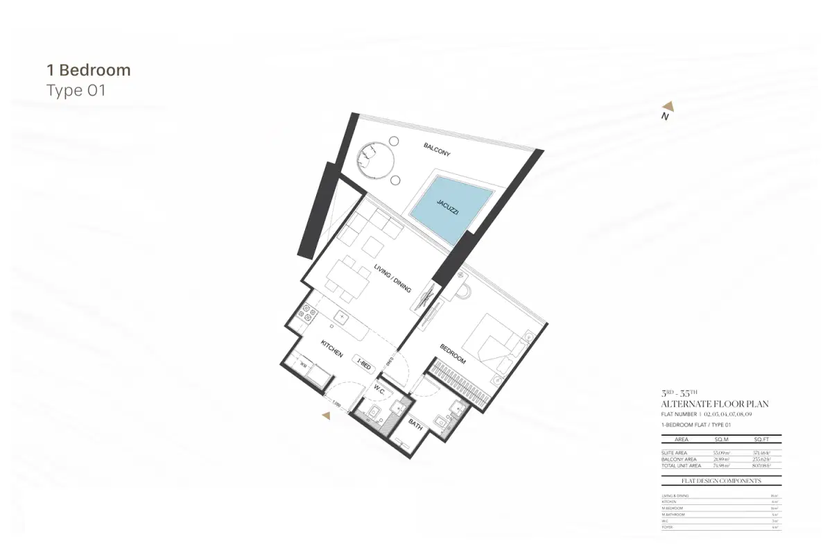Binghatti Royale Jumeirah Village Circle 1 BR Apartment Floor Plan