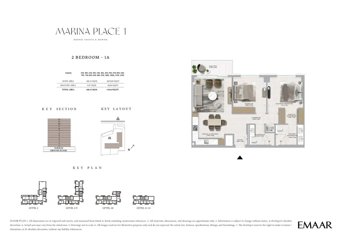 Emaar Marina Place 2 BR Floor Plan 1,164 Sq. Ft.