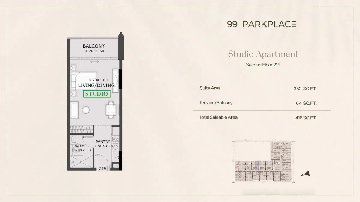 99 Park Place Dubai Studios Floor Plan 416 Sq. Ft.
